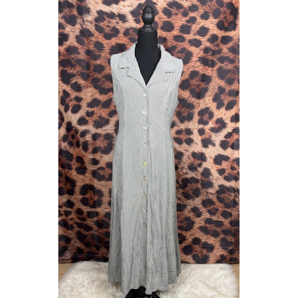 Vintage Gingham Sleeveless Maxi Dress Black White Button Down Tie Back Lapel